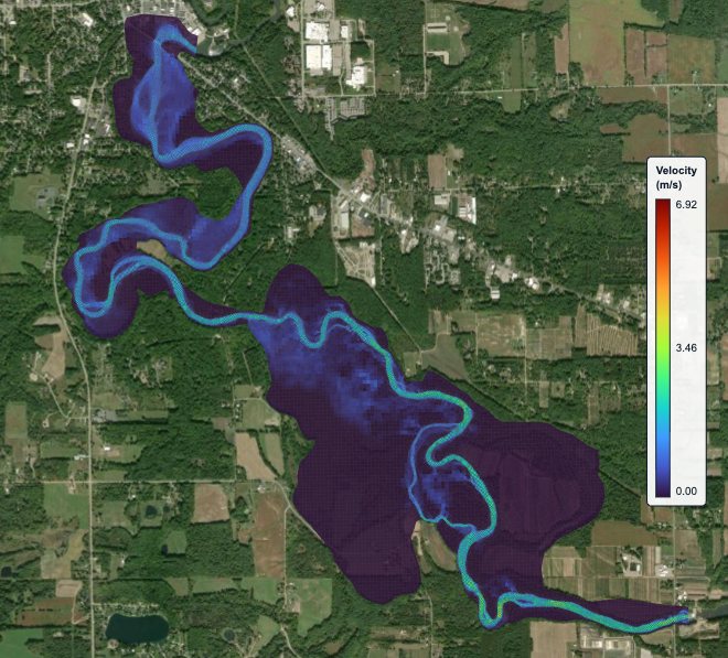 Velocity field on a meandering reach with the computation mesh visible