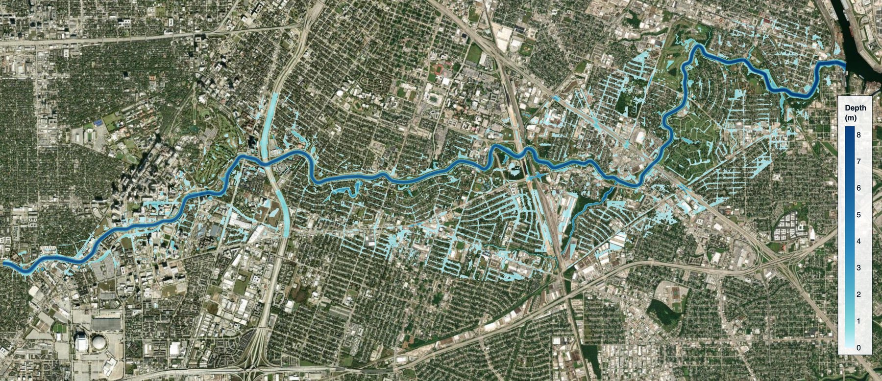 Peak inundation depth across an urban floodplain