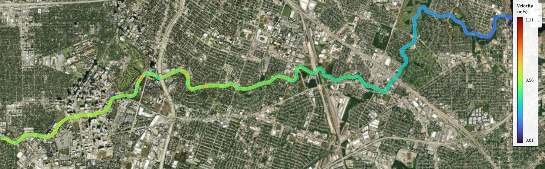 Channel velocity along an urban reach